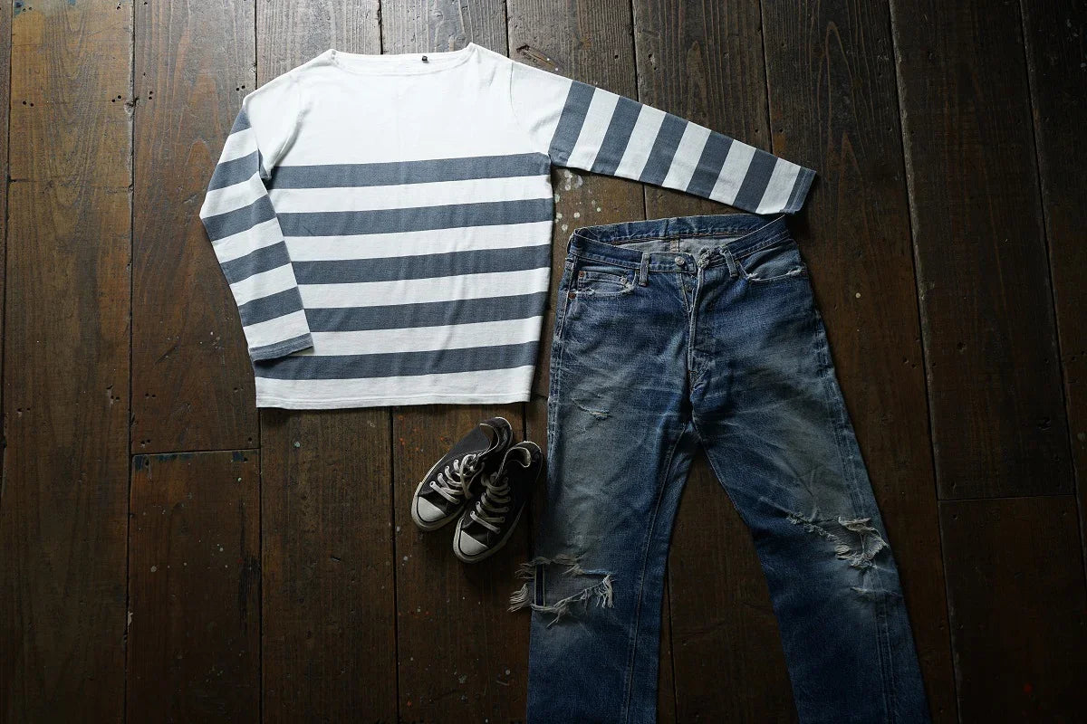 Cotton Rayon Relax Boat Neck Border Print Long Sleeve Tshirt - DEVISE FACTORY