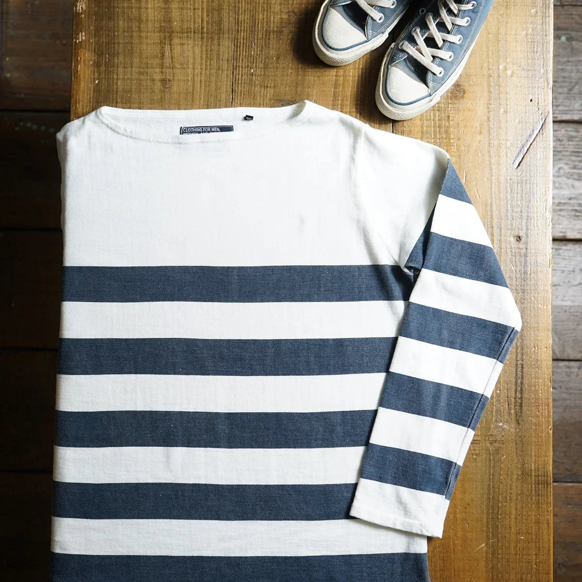 Cotton Rayon Relax Boat Neck Border Print Long Sleeve Tshirt - DEVISE FACTORY