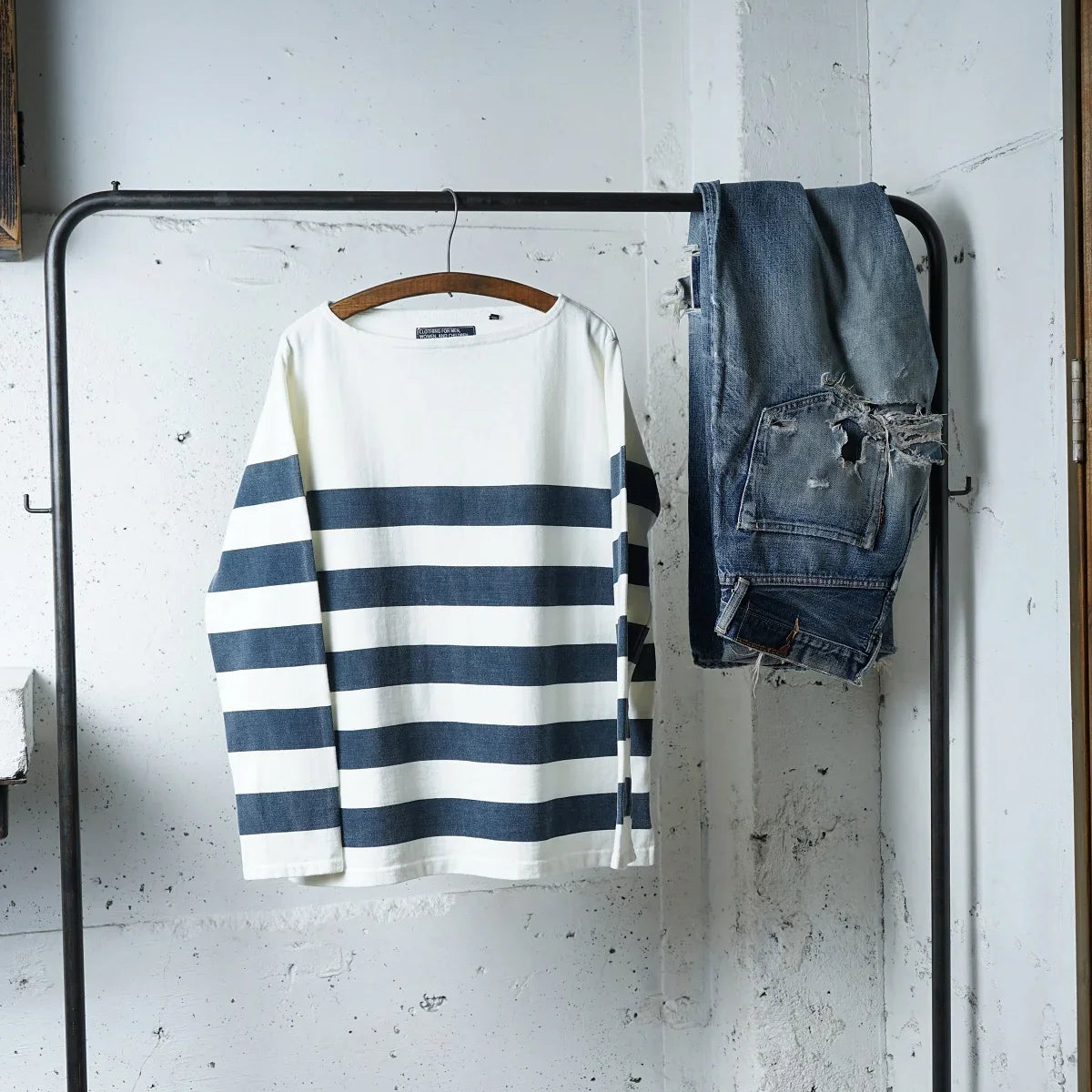 Cotton Rayon Relax Boat Neck Border Print Long Sleeve Tshirt - DEVISE FACTORY