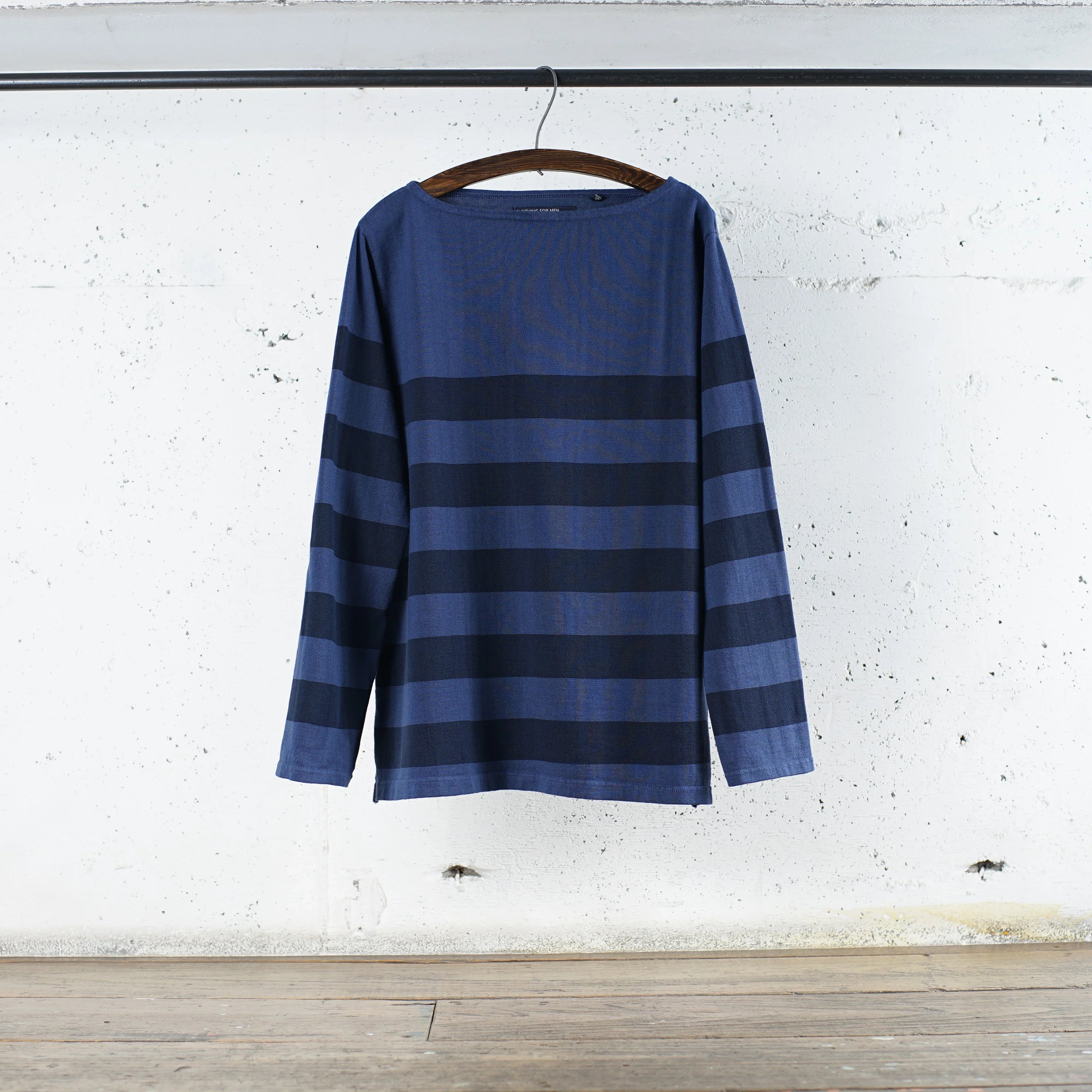 Cotton Rayon Relax Boat Neck Border Print Long Sleeve Tshirt - DEVISE FACTORY