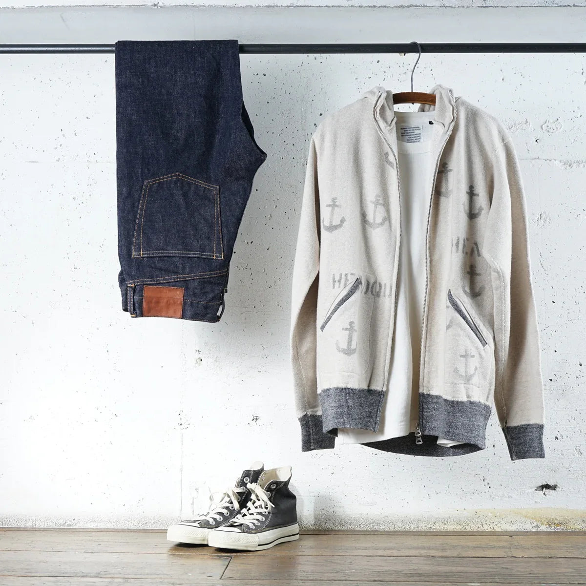 Cotton Zip Hoodie with Anchor Stencil Print - DEVISE FACTORY
