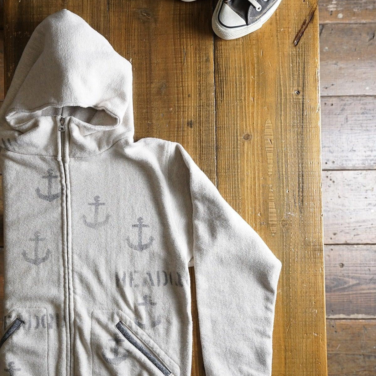 Cotton Zip Hoodie with Anchor Stencil Print - DEVISE FACTORY
